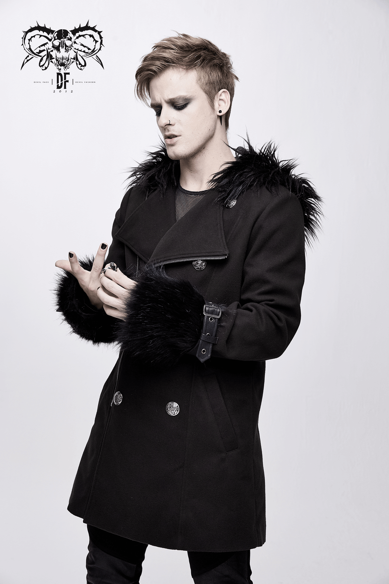 Men's gothic punk hooded coat featuring faux fur and stylish silver buttons on a model.