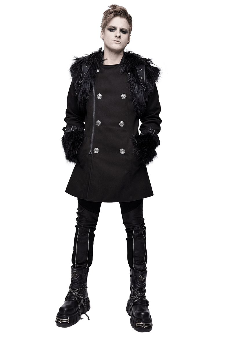 Gothic Punk Hooded Coat with Detachable Shoulder Accessory / Men's Black Coat with Buttons - HARD'N'HEAVY