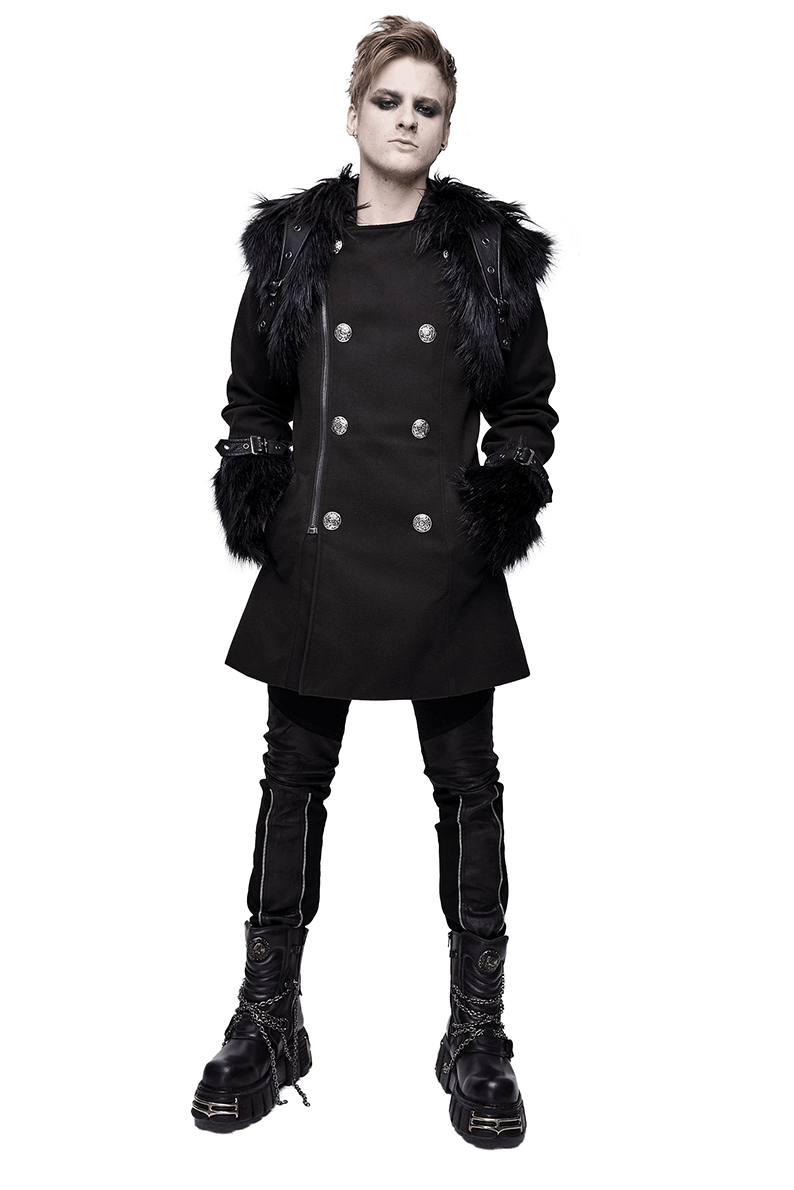 Men's gothic punk hooded coat featuring fur inserts and silver buttons, perfect for stylish, edgy outfits.