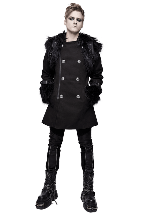 Gothic Punk Hooded Coat with Detachable Shoulder Accessory / Men's Black Coat with Buttons