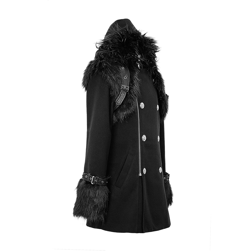 Stylish men's gothic punk hooded coat with faux fur and silver buttons, featuring a detachable shoulder accessory.