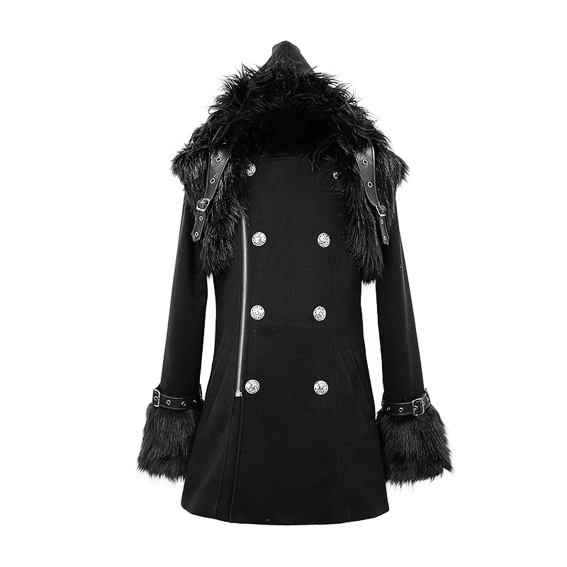 Men's black gothic punk hooded coat with detachable fur, silver buttons, and stylish design.