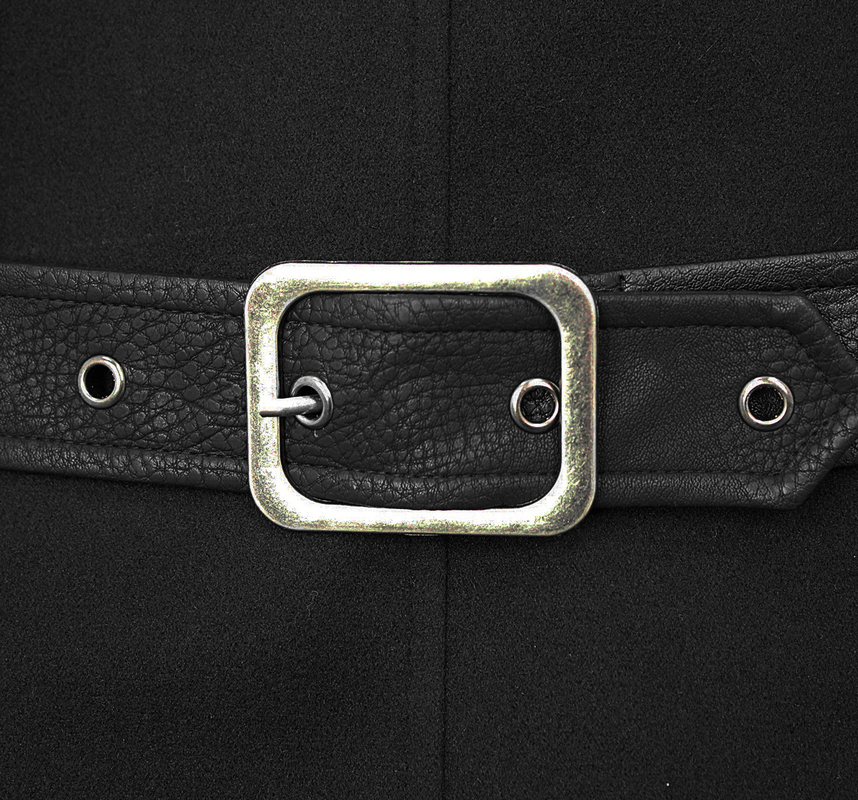 Close-up of a stylish black belt with a silver buckle on a gothic punk coat.
