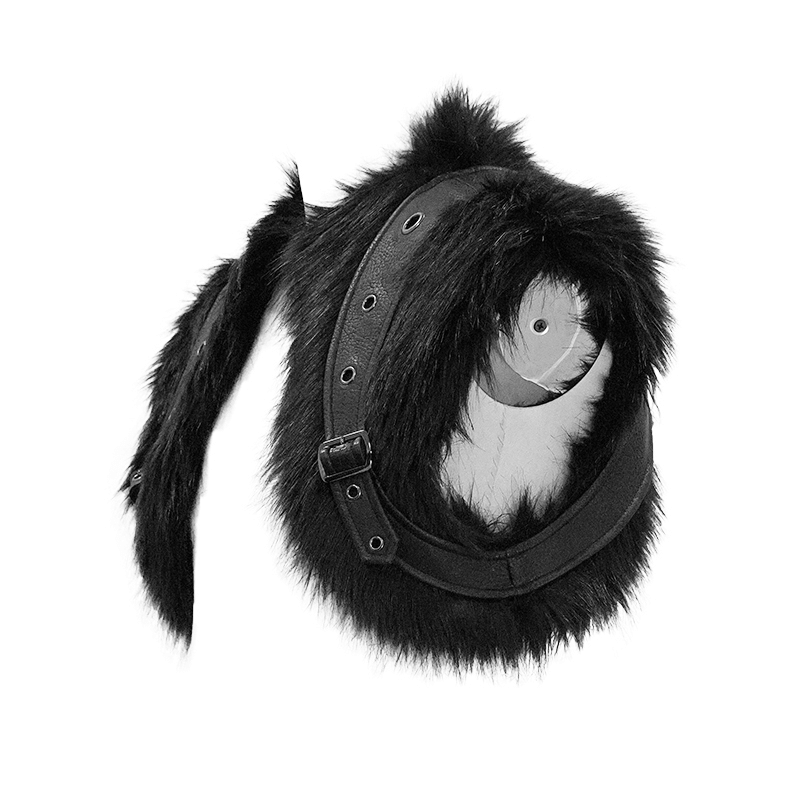 Gothic punk detachable shoulder accessory with faux fur and leather strap, ideal for a stylish black coat.
