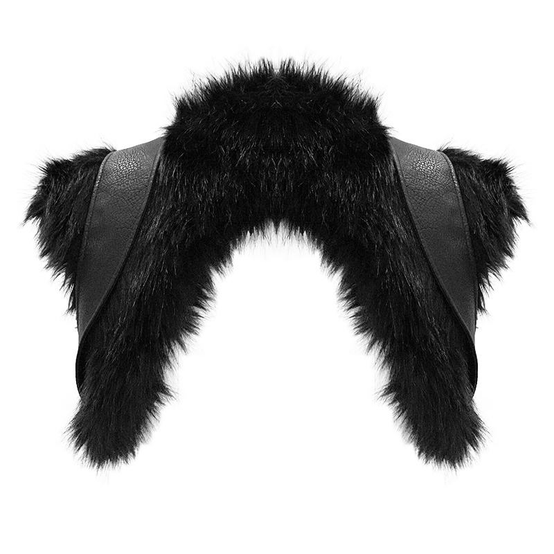 Close-up of a gothic punk detachable shoulder accessory with black fur and leather, perfect for a stylish coat.