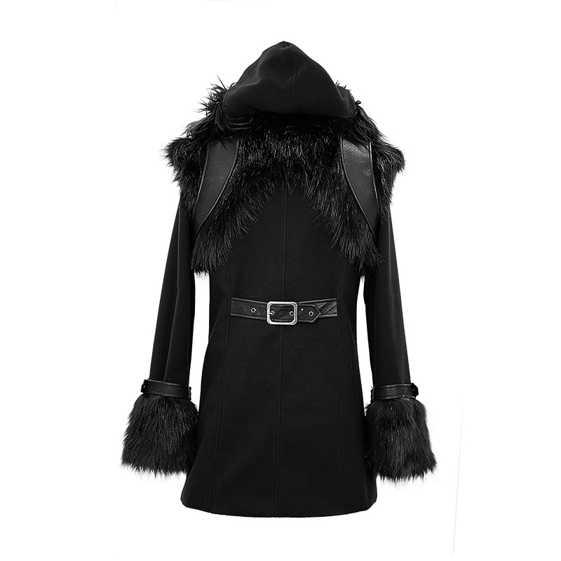 Gothic punk hooded coat with detachable fur accessory, stylish black men's coat featuring silver buttons and buckle.