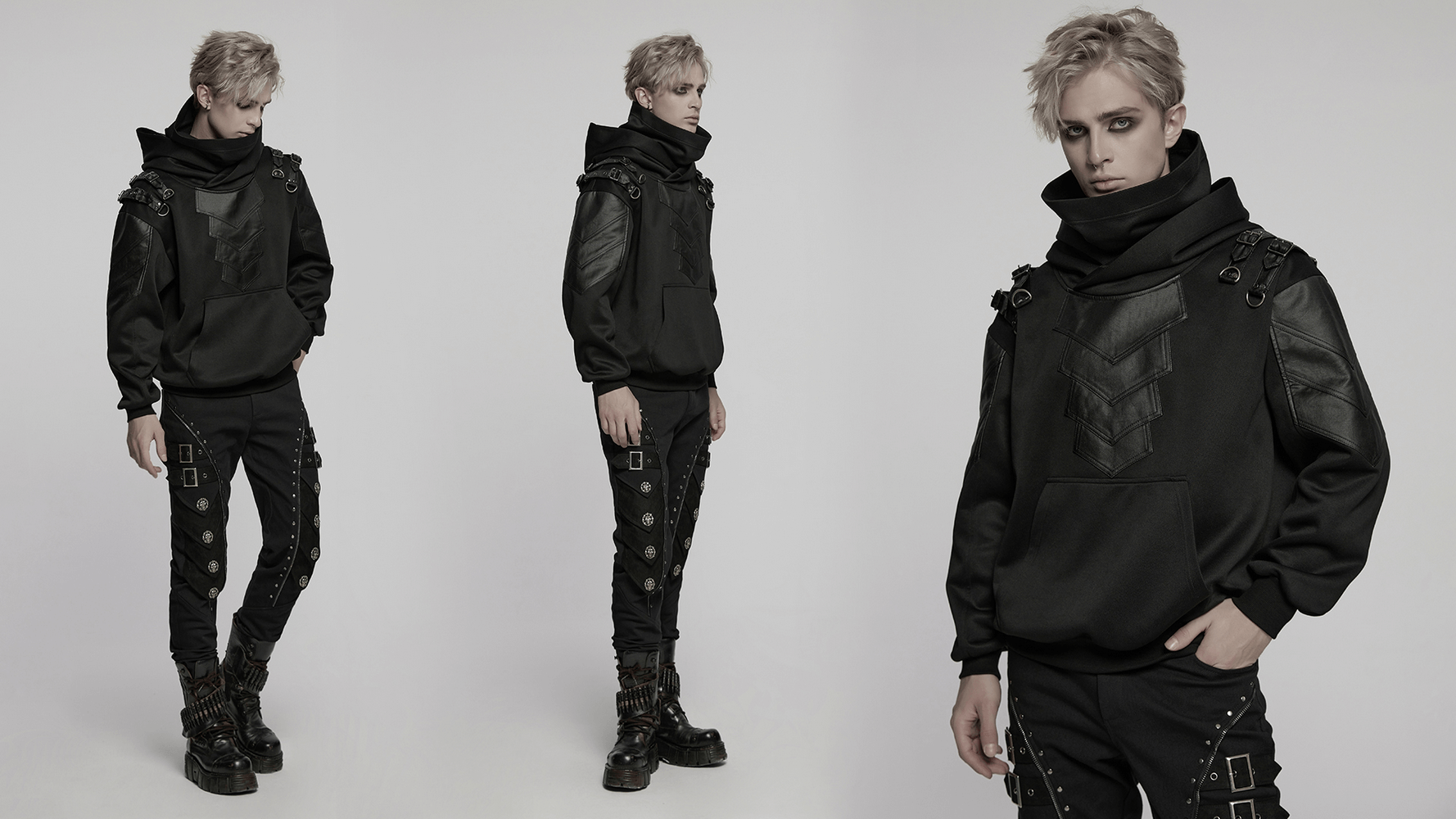Gothic punk hooded sweatshirt with armor elements and decorative loops, styled for an edgy punk look.