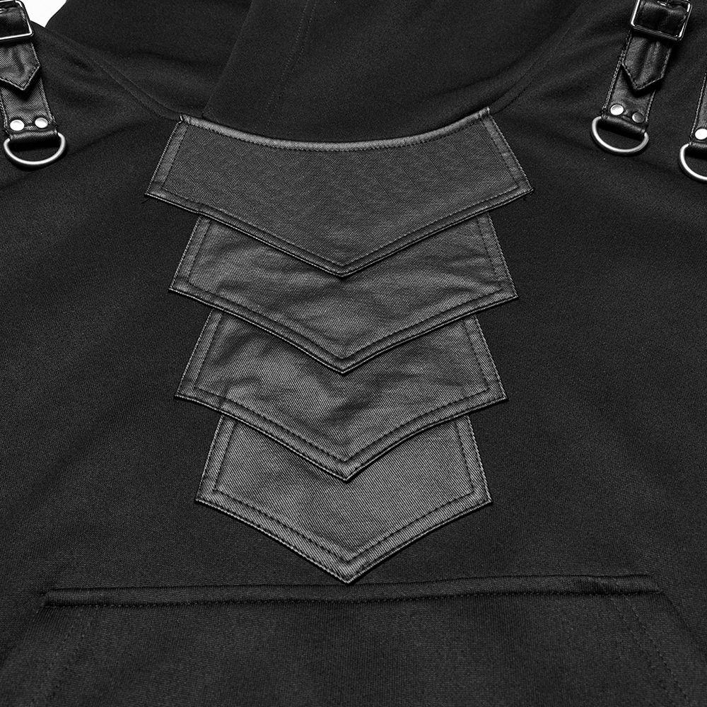 Close-up of gothic punk hoodie showcasing layered rubberized leather armor elements and decorative loops.
