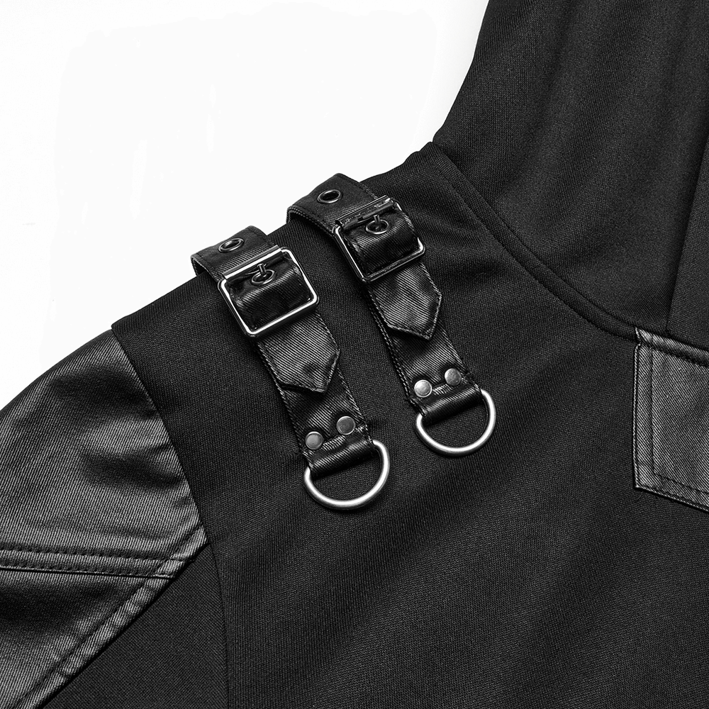 Close-up of gothic punk hooded sweatshirt with stylish buckle shoulder detail and sleek black accents.