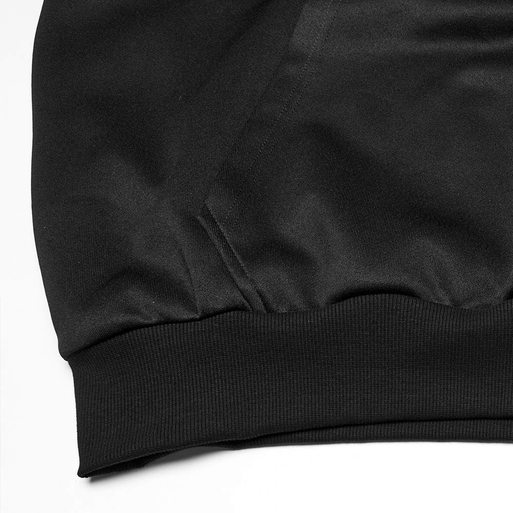 Close-up of the cuff and pocket of a Gothic punk hooded sweatshirt showcasing sleek black fabric.