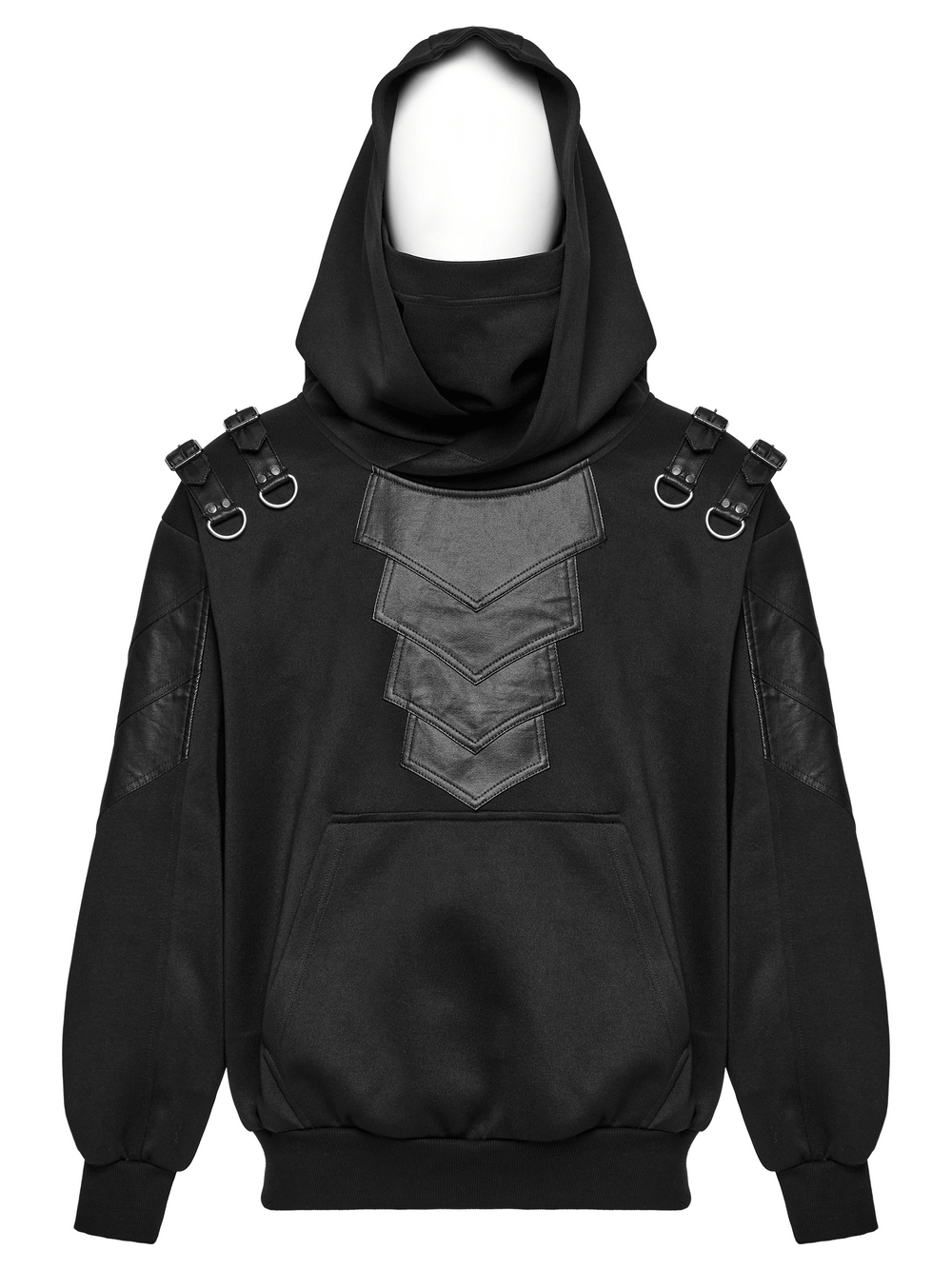 Gothic punk hoodie with armor elements, stand collar, and decorative shoulder loops in black.