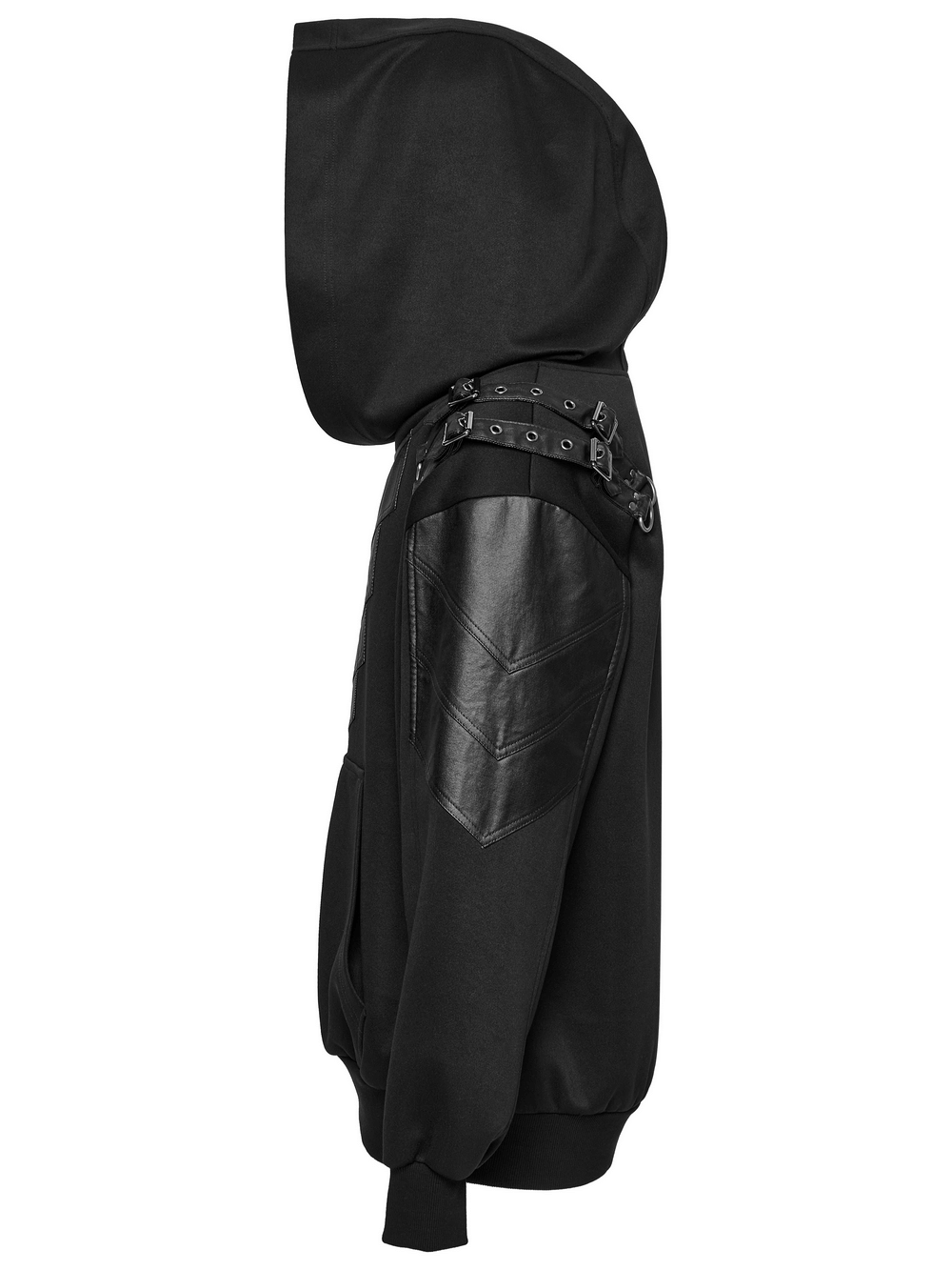 Gothic punk hooded sweatshirt with armor elements and decorative loops on shoulders in black.