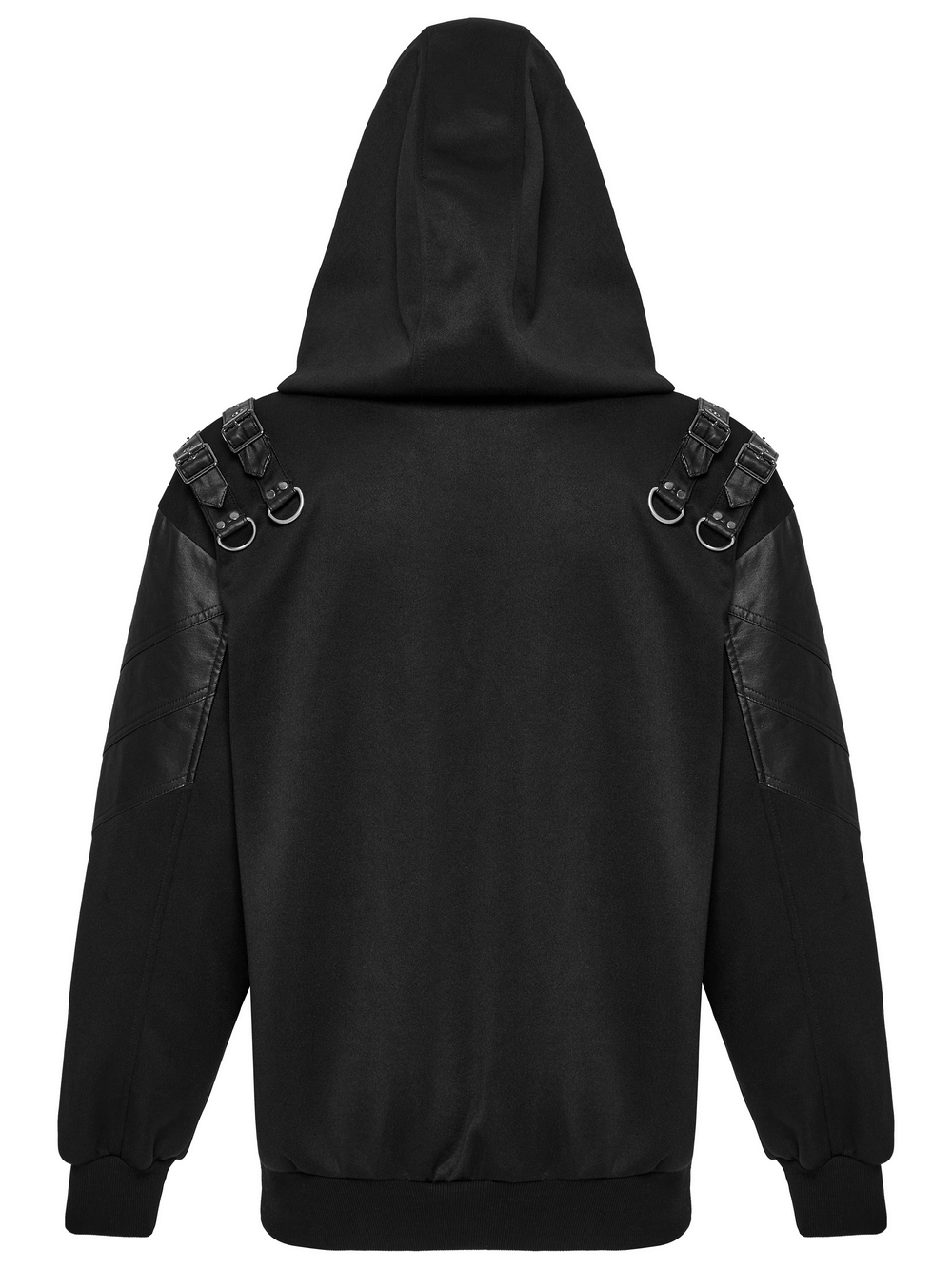 Back view of gothic punk hooded sweatshirt featuring rubberized leather and decorative loops.