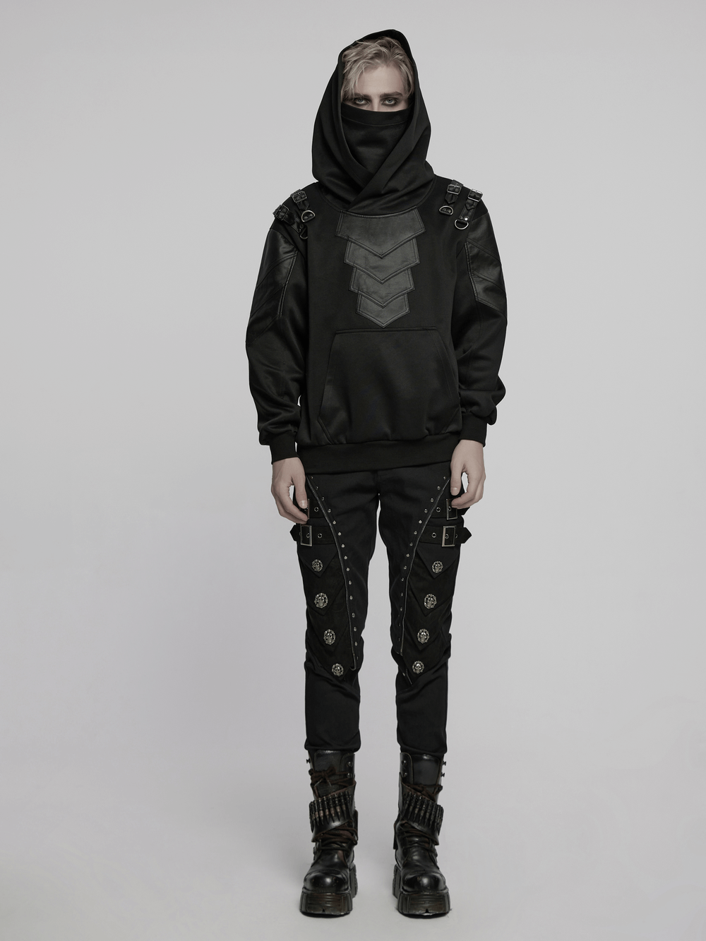Gothic punk hoodie with 3D armor elements and decorative shoulder loops, perfect for edgy streetwear.