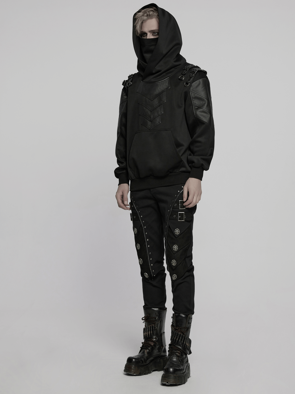 Gothic punk hooded sweatshirt with armor elements and stylish black pants, perfect for edgy fashion enthusiasts.