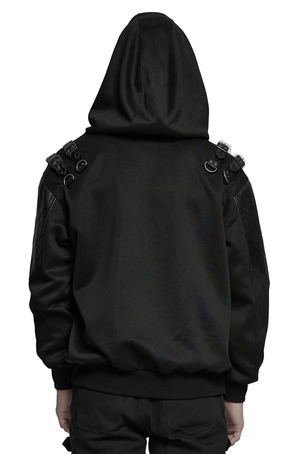 Back view of Gothic Punk Hooded Sweatshirt with armor elements and decorative loops on shoulders.