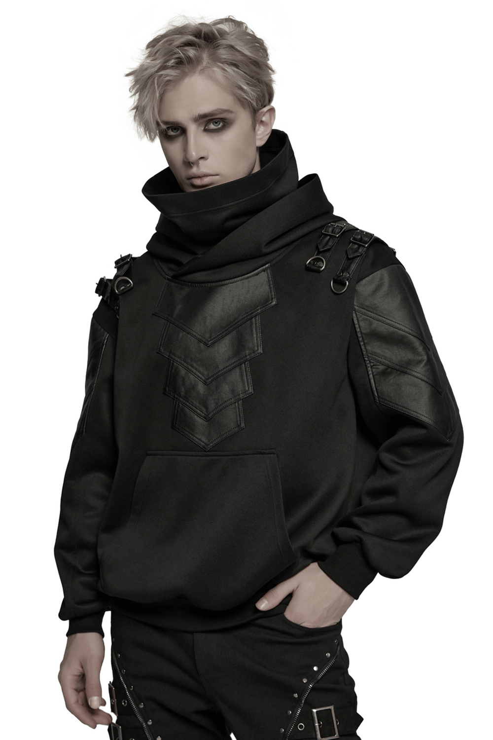 Gothic punk hooded sweatshirt featuring armor elements and decorative loops for a bold, layered look.