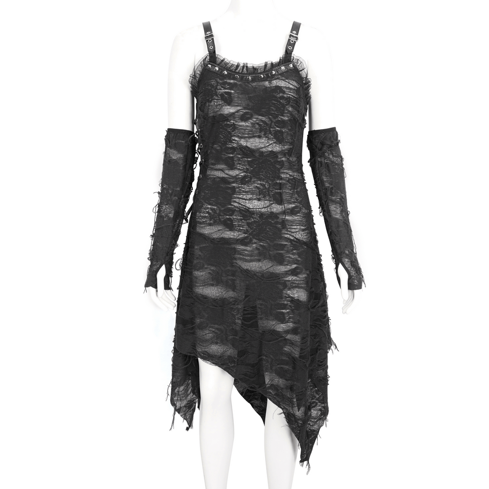 Gothic Punk Irregular Black Ripped Dress with Long Gloves