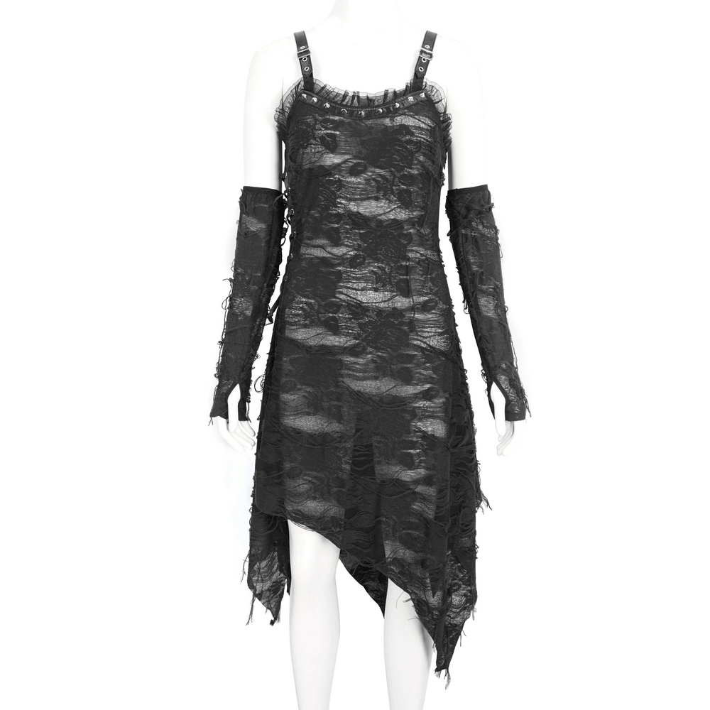 Gothic punk black ripped dress with long gloves, featuring an asymmetrical hem for a dramatic and modern look.