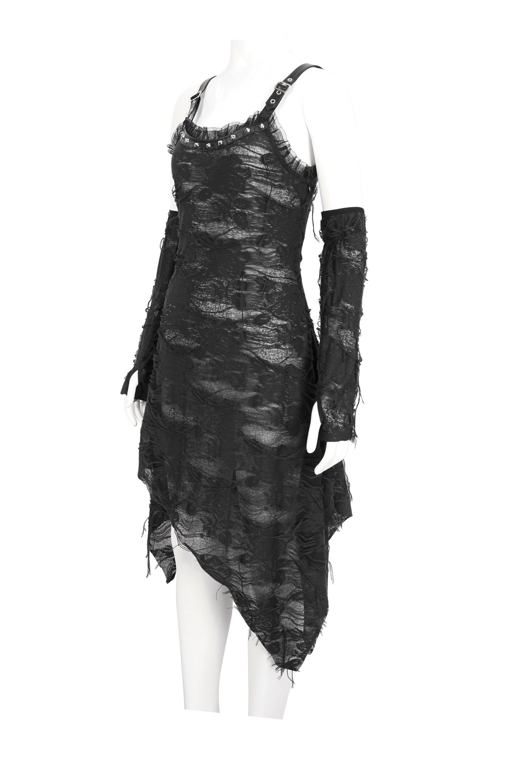 Gothic Punk Irregular Black Ripped Dress with Long Gloves