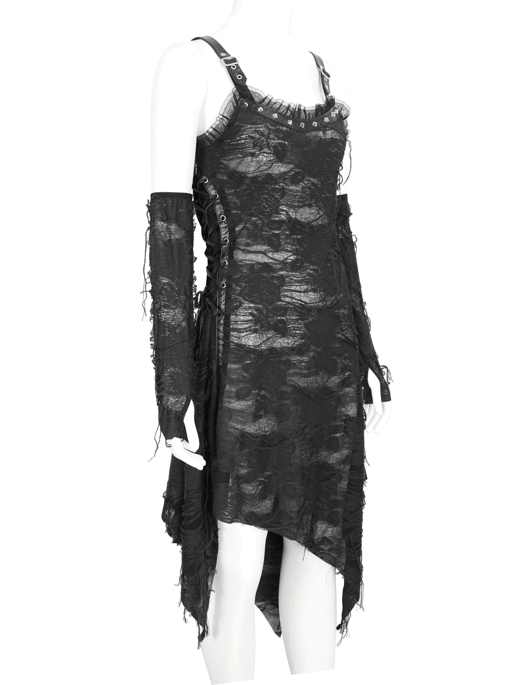 Gothic punk irregular black ripped dress with long gloves on mannequin, featuring asymmetrical hem and dramatic texture.