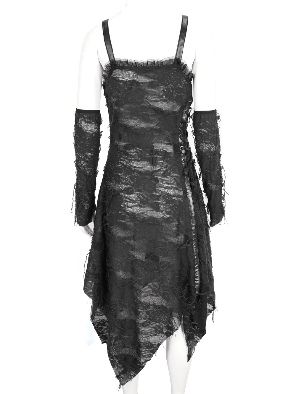 Gothic punk black ripped dress with long gloves, featuring an asymmetrical hem and textured overlay.