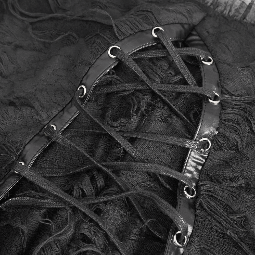 Close-up of intricate lace-up detail on Gothic Punk black dress, showcasing textured fabric and stylish design.