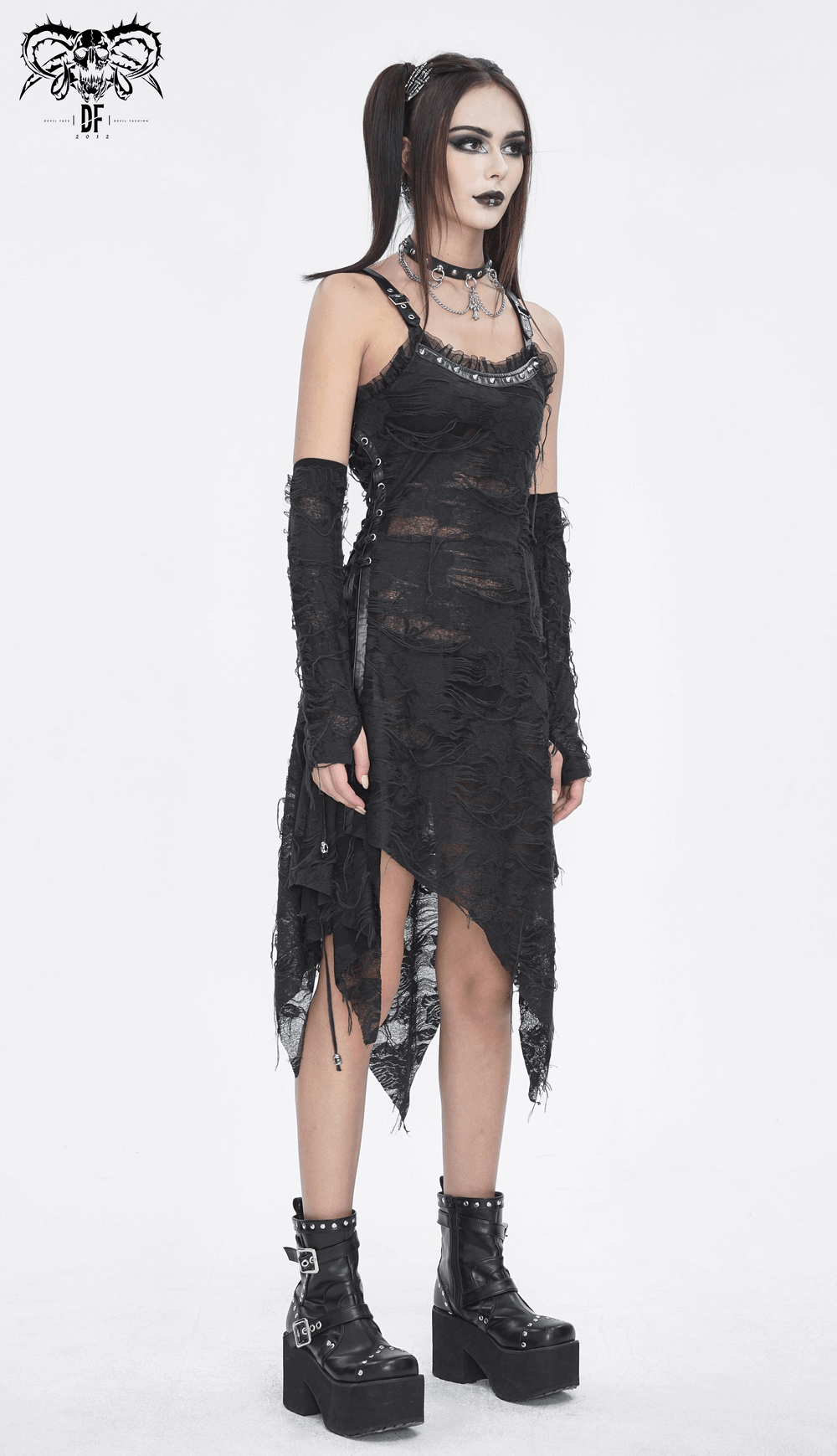 Gothic punk black ripped dress with long gloves, featuring asymmetrical hem and dramatic style for chic occasions.
