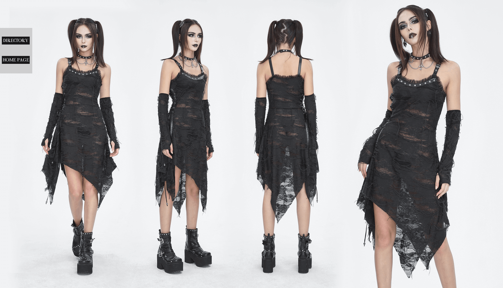 Gothic punk black ripped dress with long gloves, showcasing an asymmetrical hem and textured overlay for a bold look.