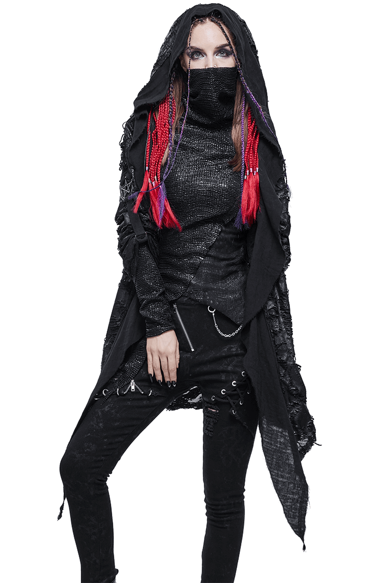 Gothic black hooded cape with stylish asymmetrical cut and colorful braided hair for a trendy look.