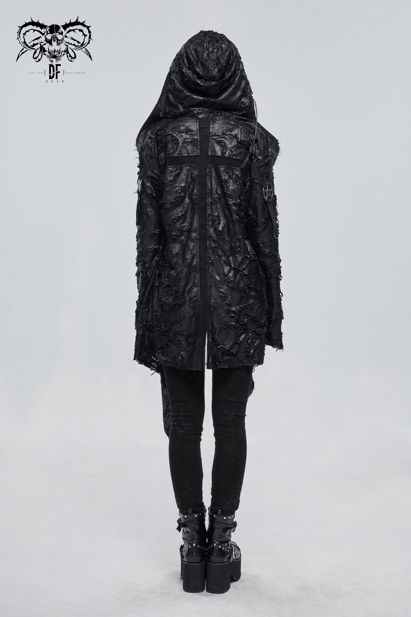 Back view of a black gothic hooded trench coat with textured fabric and asymmetrical design.
