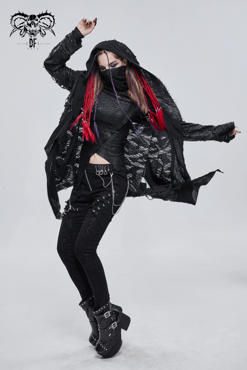 Women in a black gothic hooded trench coat with red hair and edgy accessories, showcasing a stylish punk vibe.