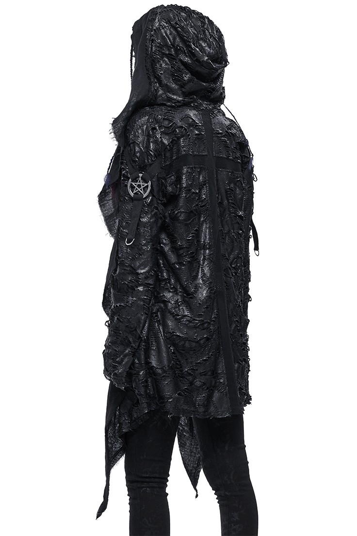 Gothic Punk Irregular Hooded Trench Coat / Stylish Loose Cape with Metal Pentagrams - HARD'N'HEAVY