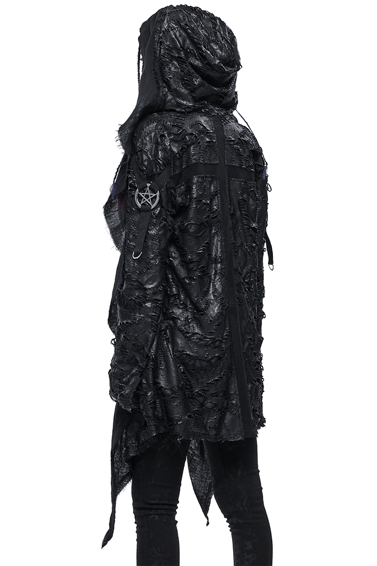 Stylish women's black irregular hooded trench coat with metal pentagram, perfect for gothic fashion.