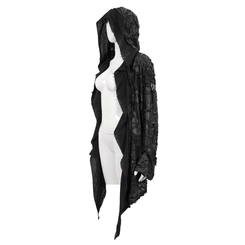 Stylish women's black irregular hooded trench coat with creative design and gothic flair.