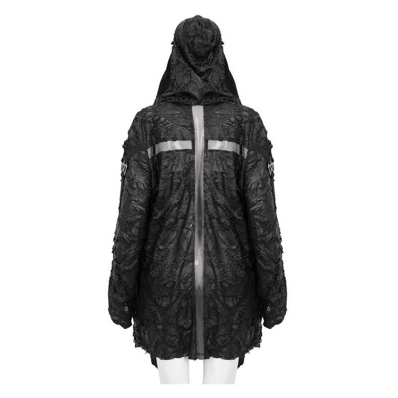Back view of women's black irregular hooded cape, featuring textured fabric and creative design for a gothic look.