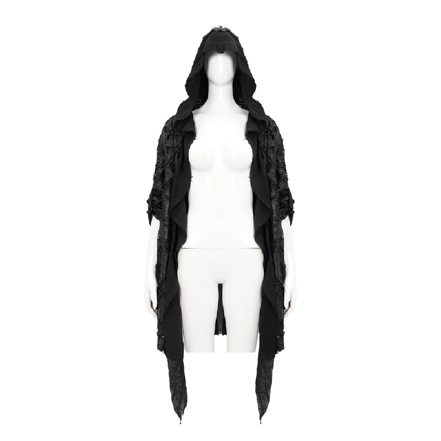 Gothic punk irregular hooded trench coat in black with asymmetrical cut and stylish detailing.