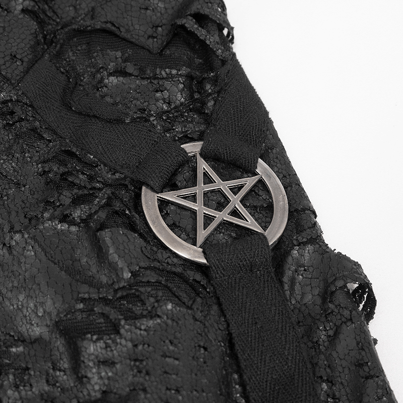 Close-up of a black lace fabric with a silver pentagram detail, showcasing gothic punk style.