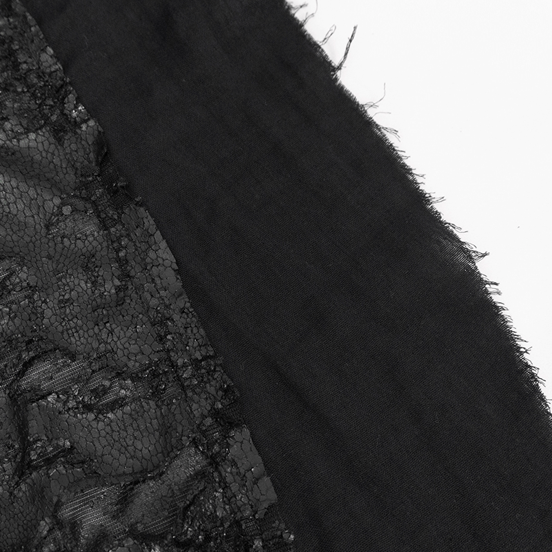 Close-up view of black lace and fabric showcasing the gothic design of the hooded trench coat.