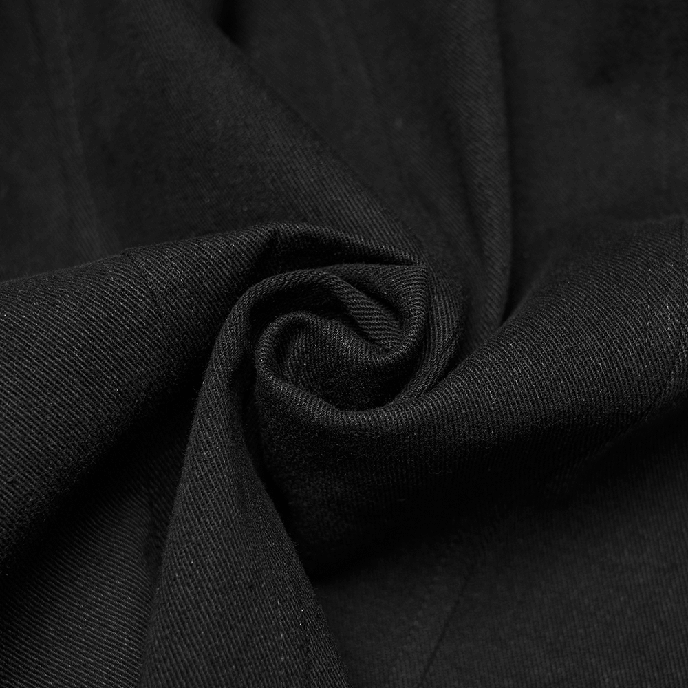 Close-up of black fabric showcasing texture for Gothic Punk Jacket with Coffin Panel and Leather Accents.