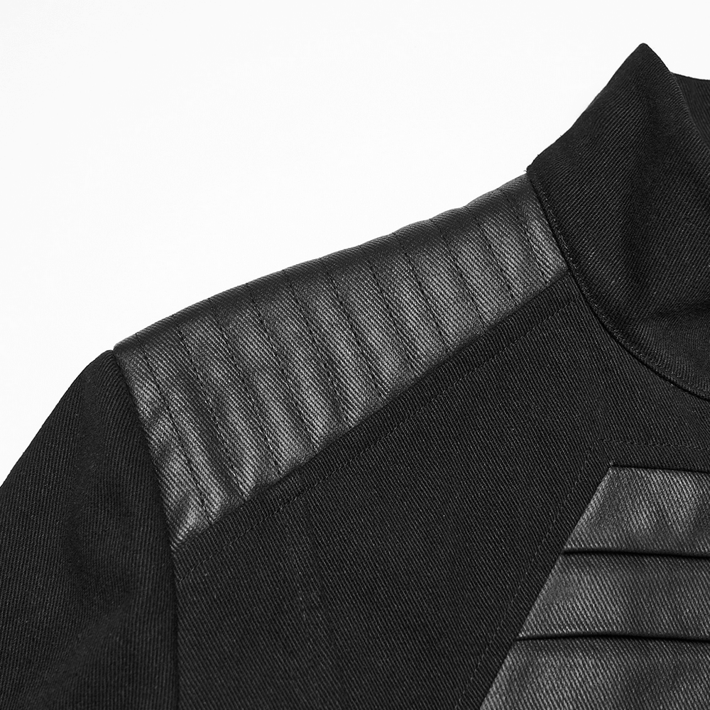 Close-up of Gothic Punk Jacket with Coffin Panel and Leather Accents showcasing intricate design and textures.