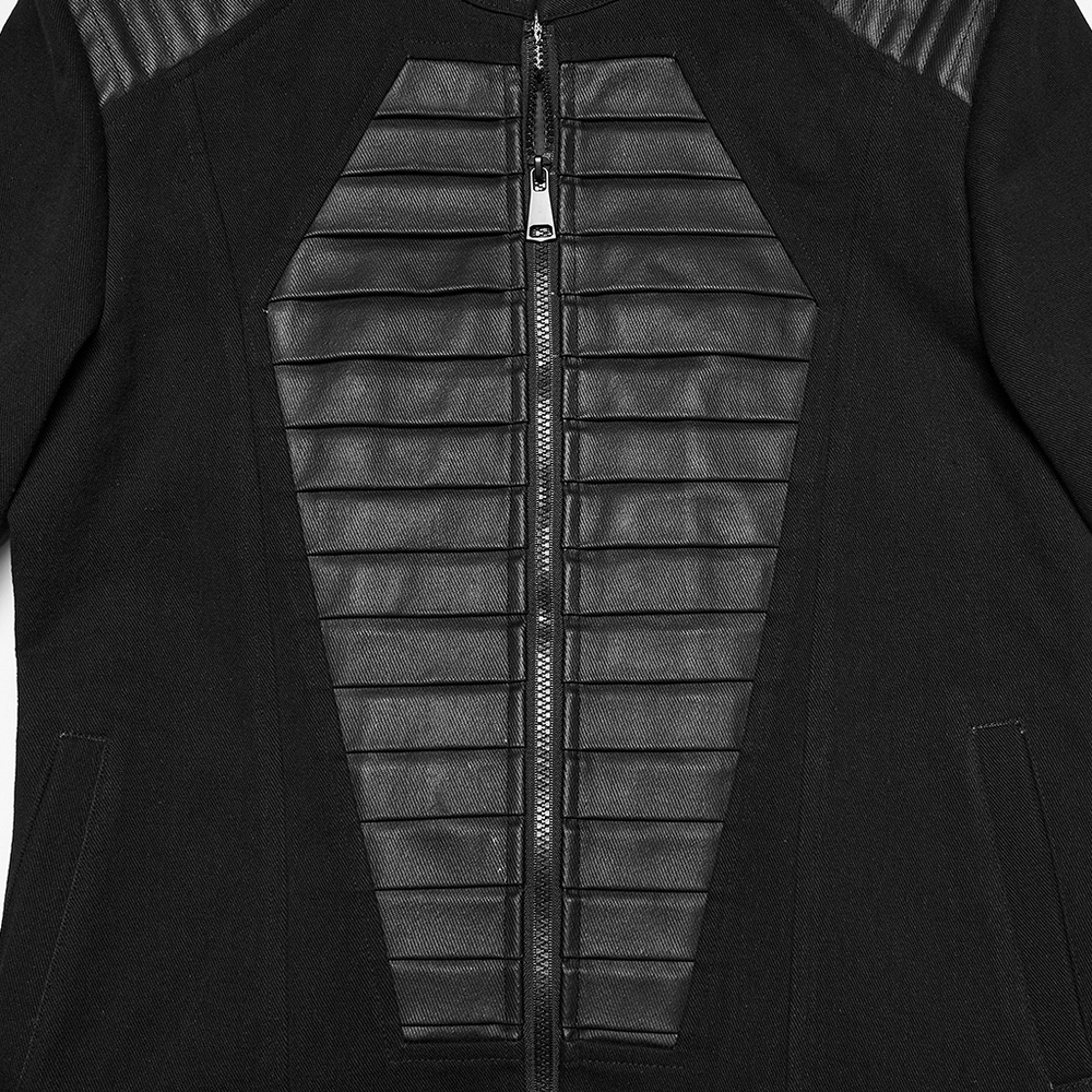 Gothic Punk Jacket with Coffin Panel and Leather Accents back view showing detailed leather accents.