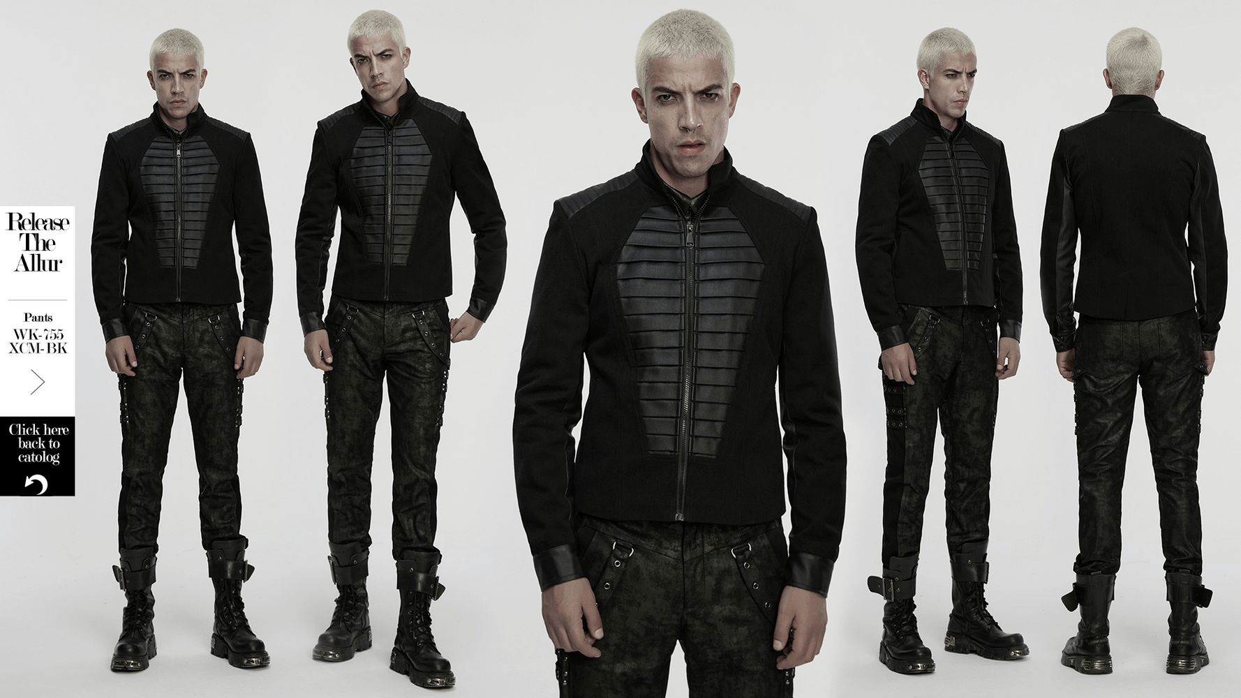 Gothic Punk Jacket with Coffin Panel and Leather Accents worn by model showcasing multiple angles.