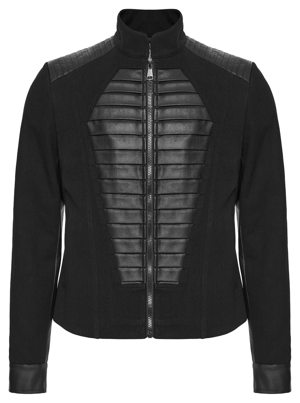 Gothic Punk Jacket with Coffin Panel and Leather Accents featuring a unique design and edgy style.