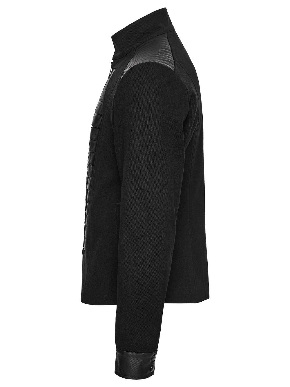 Gothic Punk Jacket with Coffin Panel and Leather Accents showcased from the side, featuring intricate detailing.