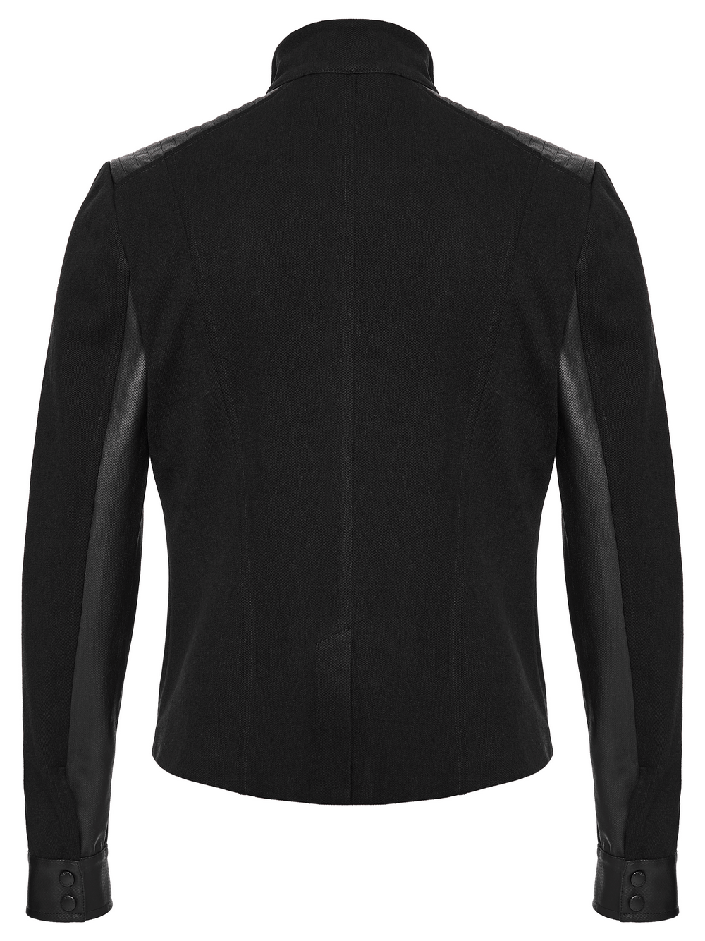 Gothic Punk Jacket with Coffin Panel and Leather Accents, back view showcasing stylish leather details.