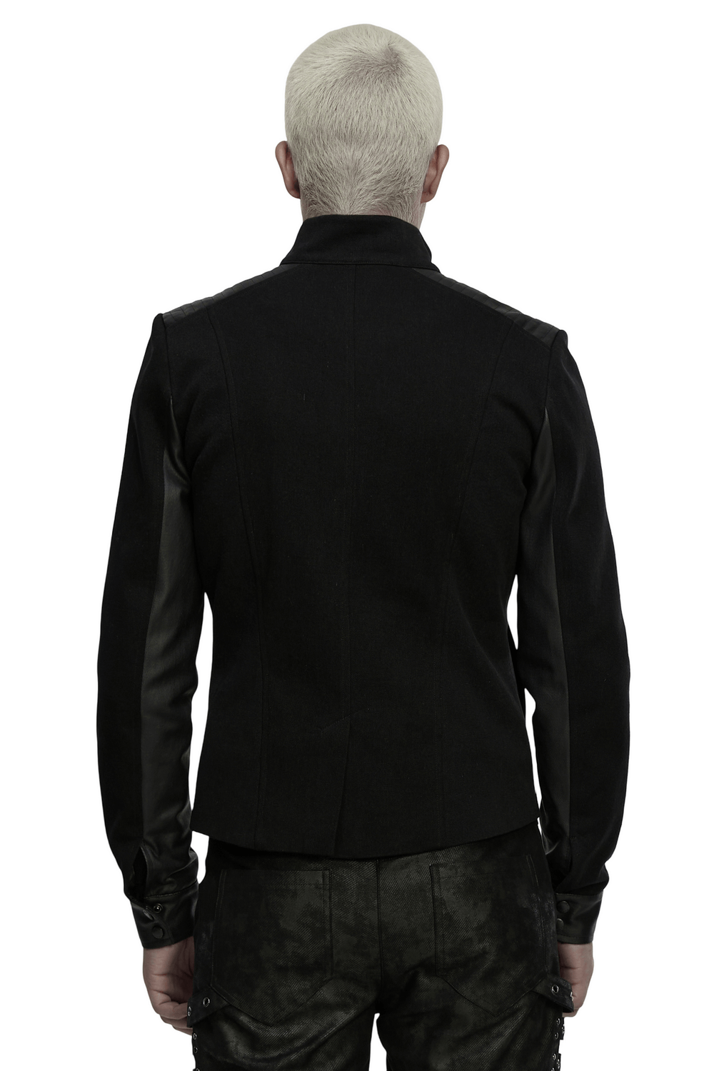 Gothic Punk Jacket with Coffin Panel and Leather Accents seen from the back, showcasing stylish details.