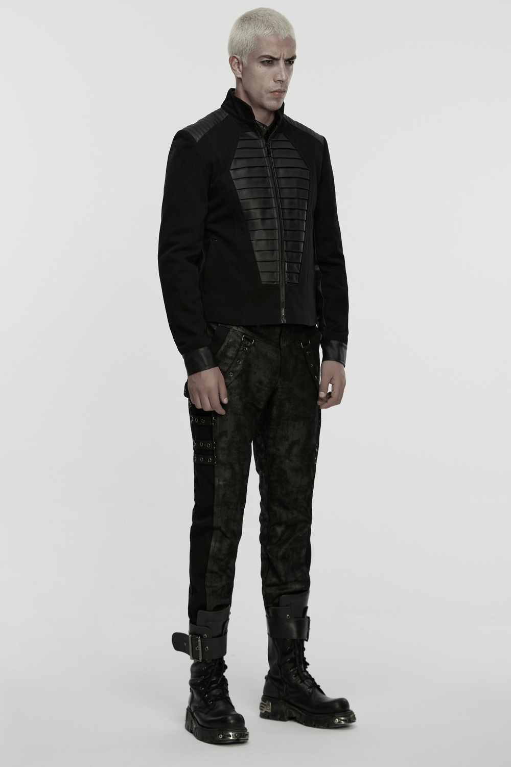 Gothic Punk Jacket with Coffin Panel and Leather Accents worn by a model in a stylish pose.