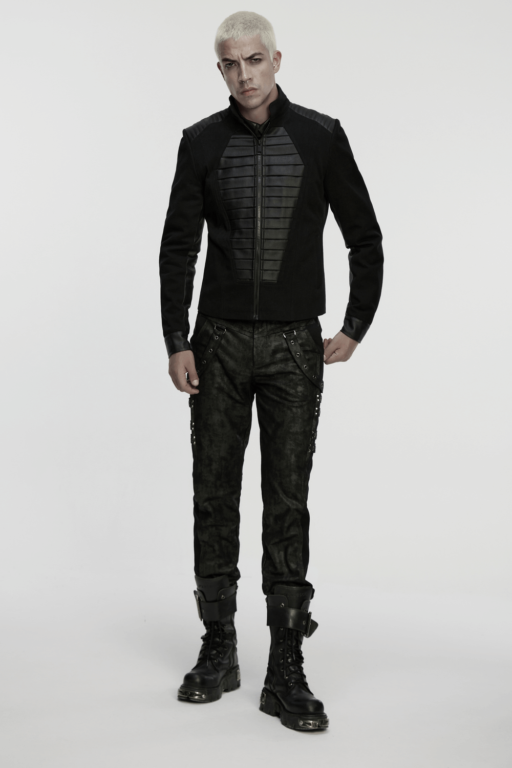 Gothic Punk Jacket with Coffin Panel and Leather Accents worn by model in stylish black outfit.