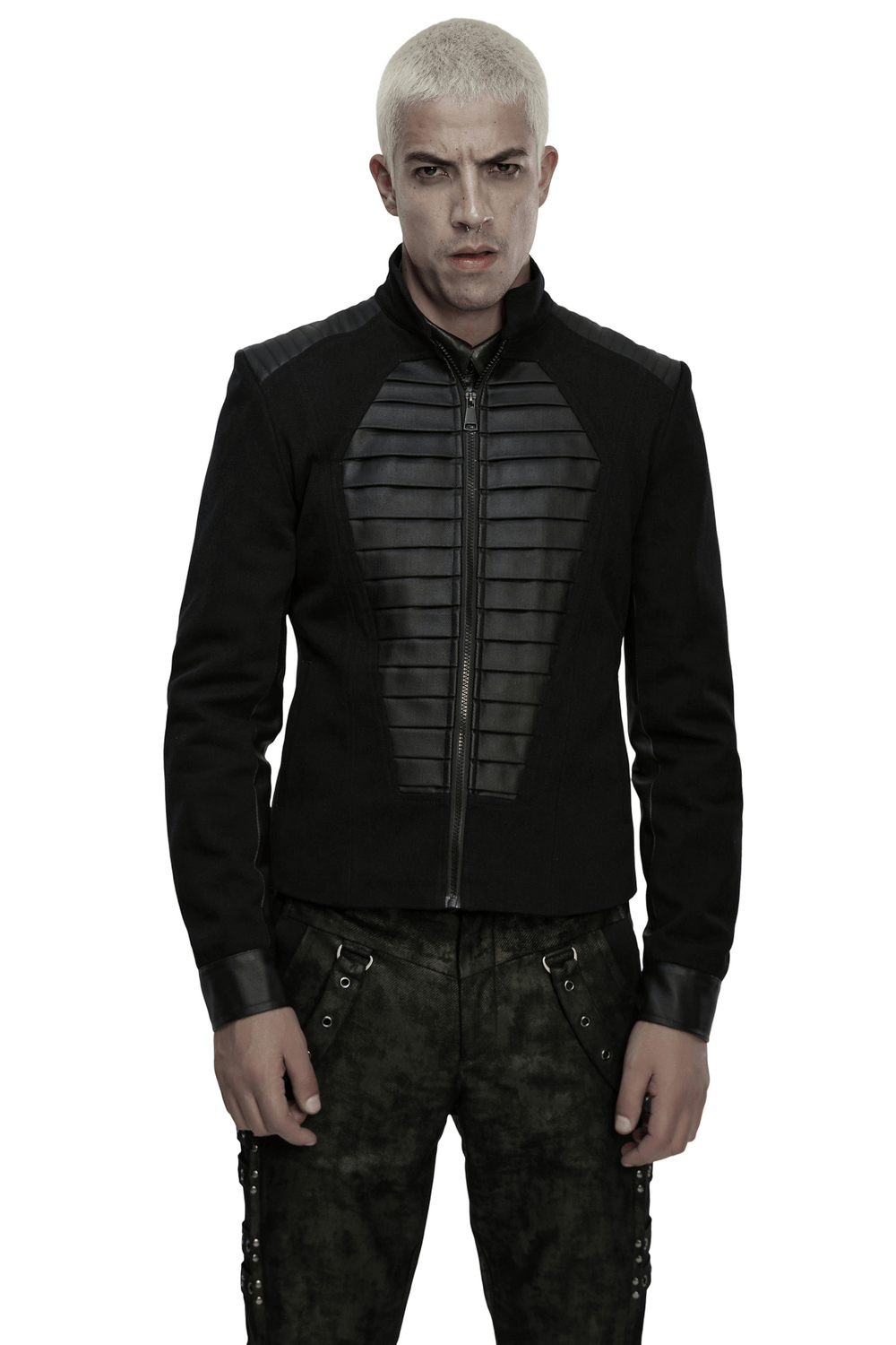 Gothic Punk Jacket with Coffin Panel and Leather Accents worn by a model, showcasing its unique design.